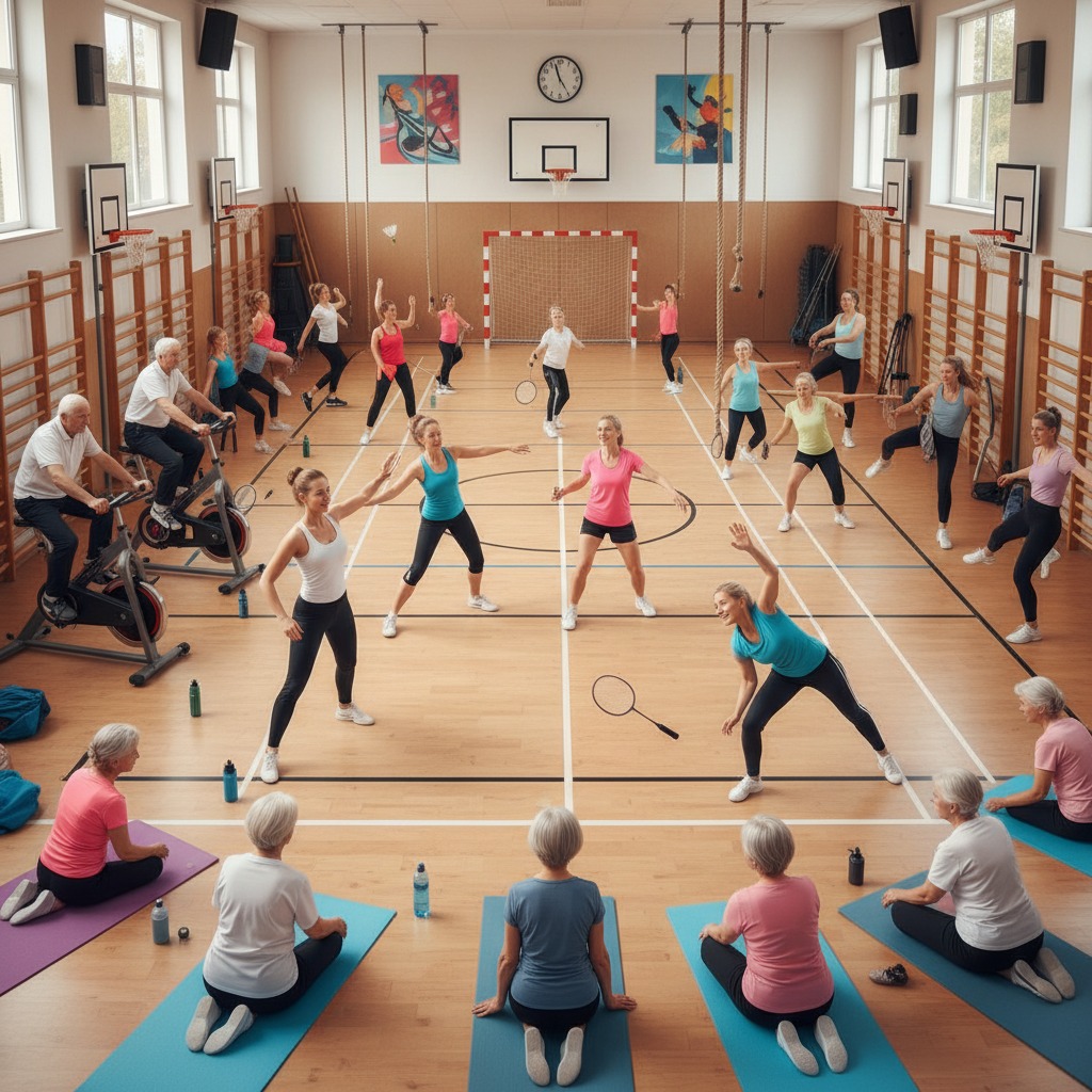 Un gruppo eterogeneo di persone partecipa a una lezione di fitness in una palestra scolastica, alternando esercizi di stretching, uso di cyclette e gioco del badminton.
